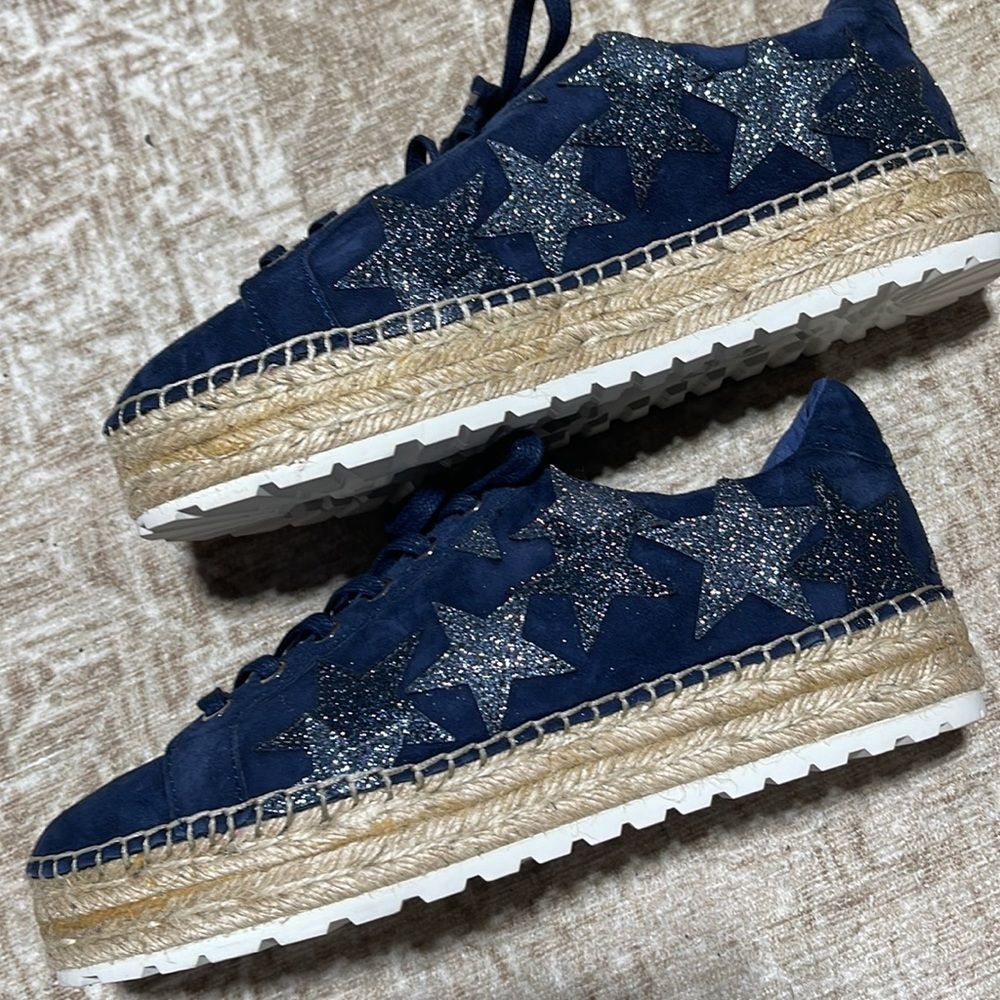 Marc Fisher Navy Suede Espadrille Sneakers with Silver Star Accents - Picture 2 of 14